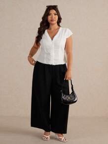 Elaquor 大码女式纯色撞色蕾丝单排扣袖口时尚衬衫 - 白色 - 查看 4