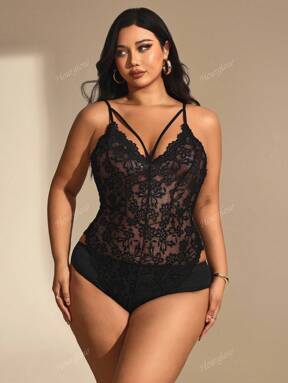 Hourglow Enterizo De Encaje De Talla Grande Con Tirantes De Espagueti, Perspectiva Abierta En La Espalda