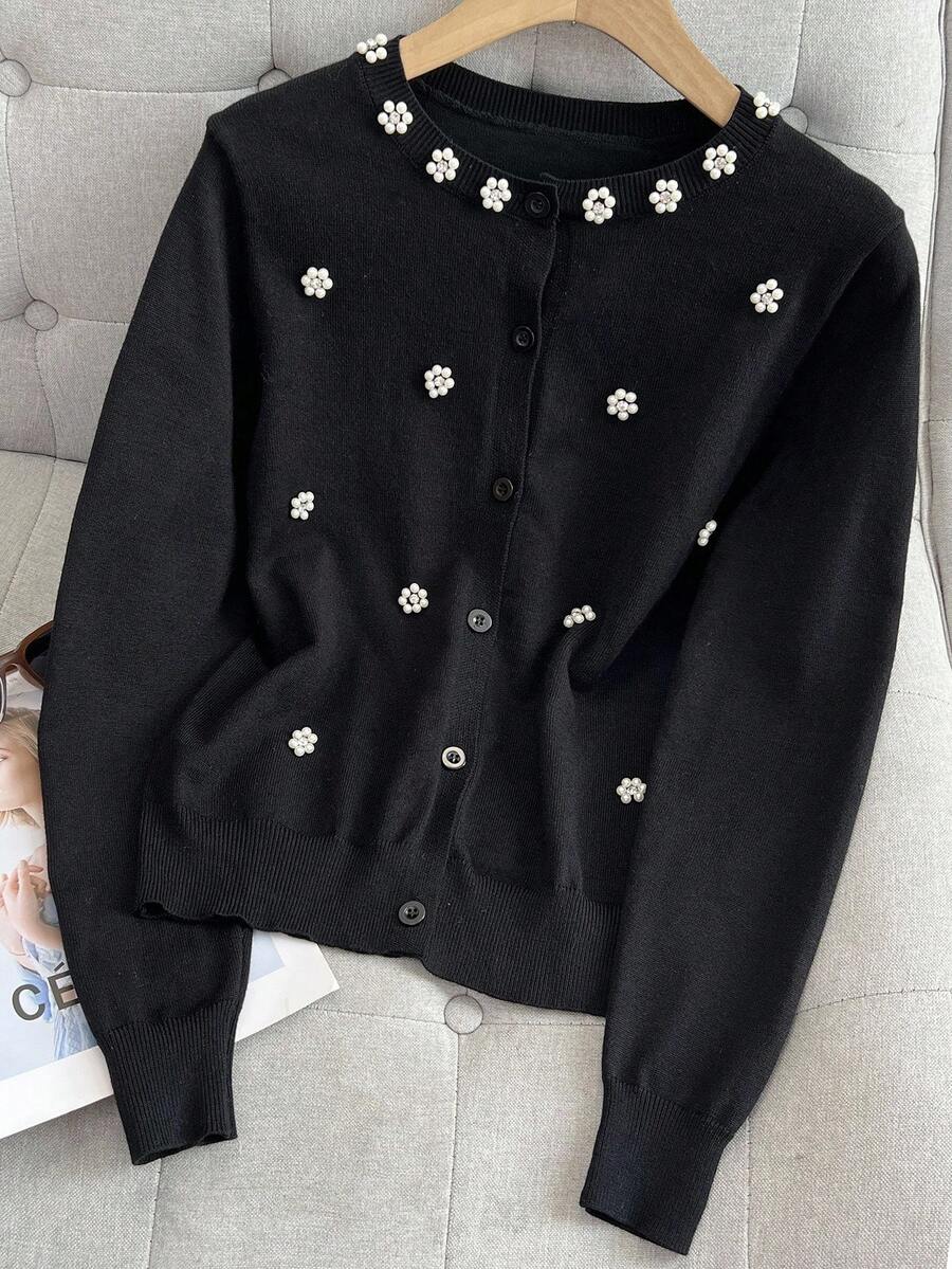 SHEIN Franclia 女式仿珍珠花朵装饰长袖单排扣针织开衫 - 黑色 - 查看 1