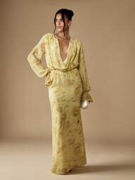 MISSGUIDED Vestido Longo Elegante com Gola Cowl, Mangas Bispo Longas, Detalhe de Costas Abertas, Cintura Empire, para Convidados de Casamento, Ocasiões Especiais, Primavera Verão