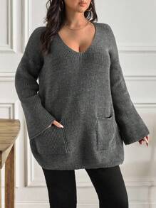 EURMUSE Plus Size Solid Color Pocket Detail Long Sleeve Sweater - Grey - View 5