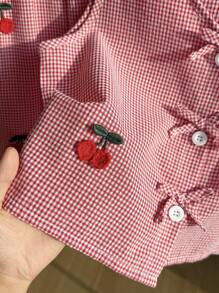 SHEIN 2 件套女婴休闲度假甜美粉色条纹格子无袖背心上衣 + 配套宽松运动短裤 - 紅色 - 查看 4