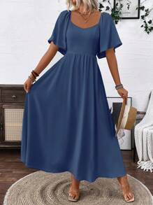 SHEIN LUNE Clasi Breezaya 女式淡蓝色波西米亚风方形优雅领口浪漫毕业生日礼服音乐会服装海滩女士服装泡泡袖露背蝴蝶结连衣裙带蝴蝶结春夏超长度假柔软面料荷叶边袖长裙 - 藏蓝色 - 查看 4
