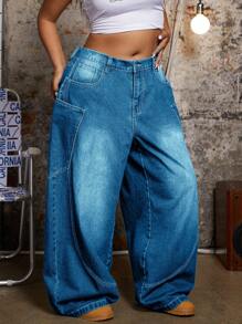 EURMUSE Quần Jeans Denim Rộng rãi Thời Trang Đường Phố Cho Nữ Cỡ Lớn - Rửa nhẹ - Xem 5