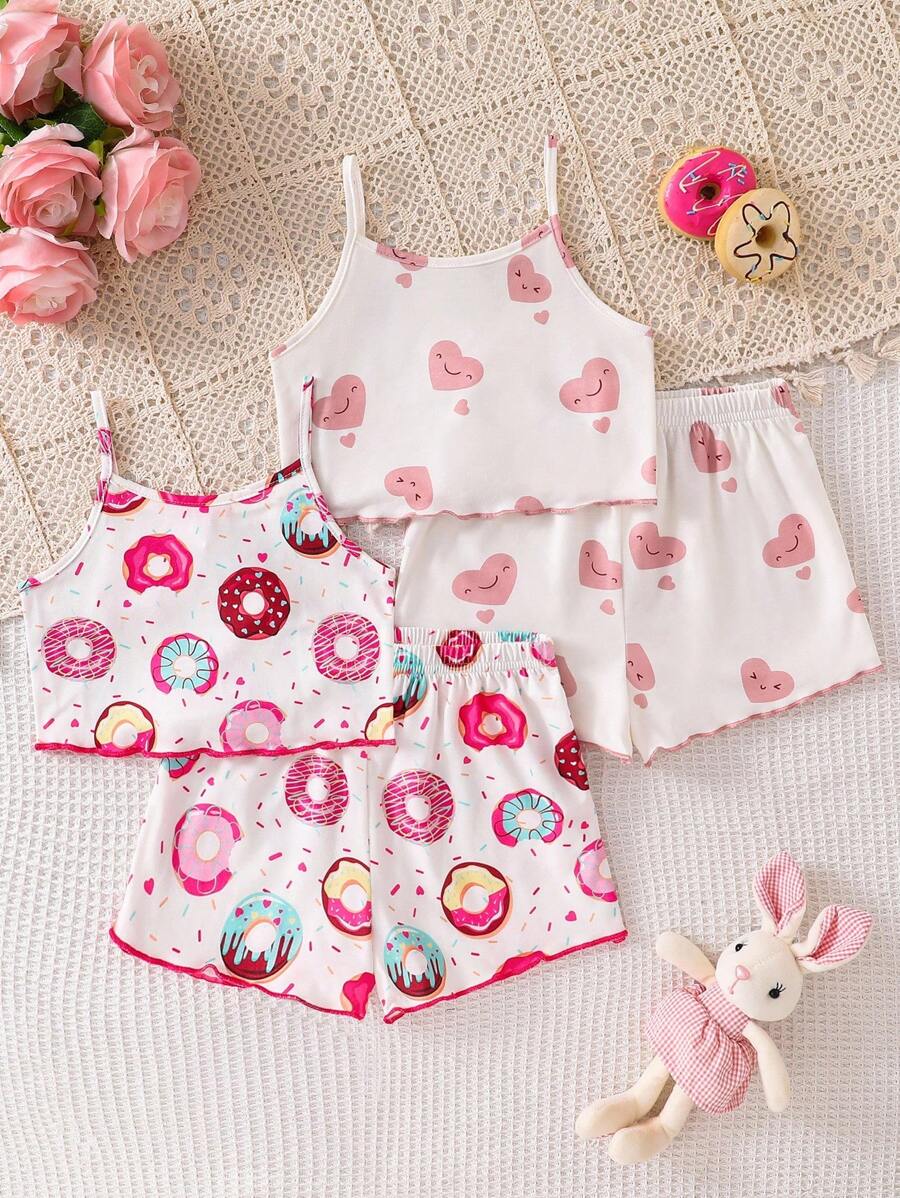 SHEIN 4pcs Young Girl Cute Rabbit Print Camisole & Shorts Knit Homewear Set, Summer - Dusty Pink - View 1