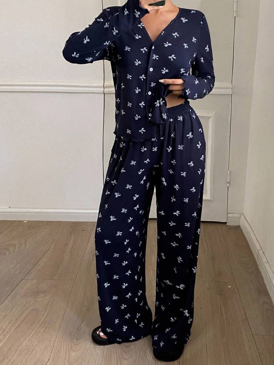 DAZY Bow Allover Print Women Pajama Set, Fall Winter Clothes - Navy Blue - View 1