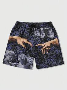 ROMWE MEN Goth 男士印花梭织短裤，适合春夏季日常穿着 - 紫色 - 查看 3