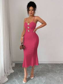 Elenzga Women's Elegant & Fashionable Solid Color Sleeveless Bodycon Dress With Metal Buckle Decor, Summer