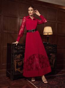 ZEYLAH Lace Splice Long Dress Shirt Style, Autumn/Winter - Red - View 2