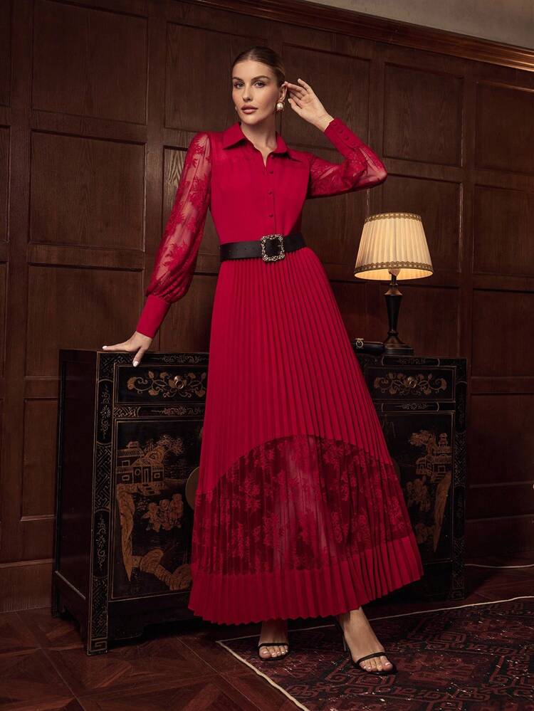 ZEYLAH Lace Splice Long Dress Shirt Style, Autumn/Winter