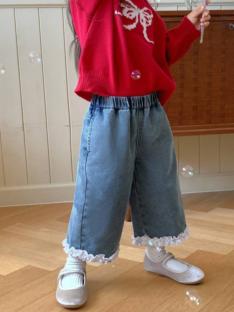 Baby Girl Lace Trim Loose Wide Leg Casual Denim Pants Toddler Girls Clothes