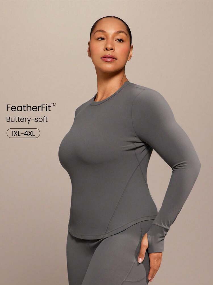 FeatherFit™ In The Zone Soft Stretchy Sweat-Wicking Quick-Dry Slim Fit Thumbholes Curved Hem Long-Sleeve Top Low-Impact Yoga Pilates Studio Gym Daily Active Wear