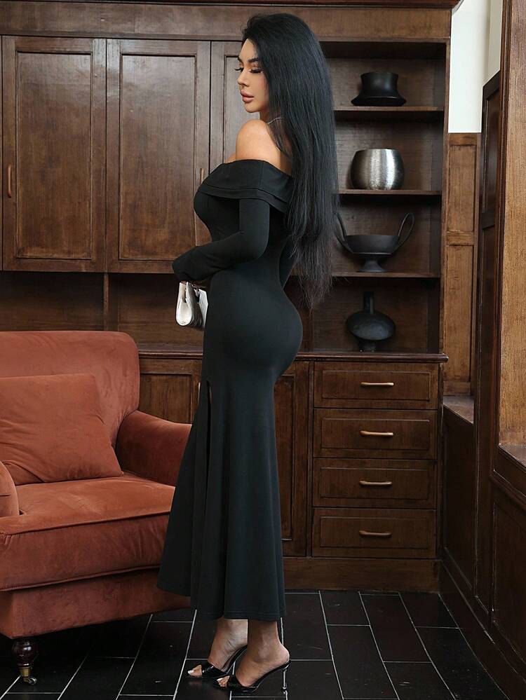 Women's Elegant Solid Color Off Shoulder Long Dress Long Sleeve Dress
