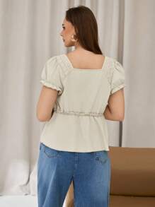 Auralis Plus-Size Women's Short-Sleeved Shirt,Elegant Beige Summer Wedding Guest Tops,Cute Y2k Funny Casual Top - Apricot - View 2