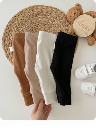 SHEIN 4pcs Newborn Baby Girl Baby Boy Solid Color Knitted Elastic Waist Pants For Everyday Comfort, Versatile For Autumn/Winter Fall