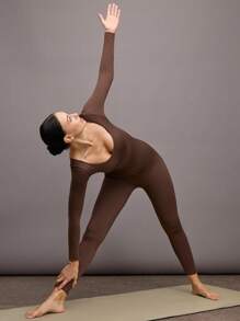 Activina Solid Color Seamless High Elasticity Sports Jumpsuit, Autumn/Winter - Brown - View 4