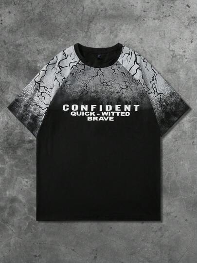 Grunge Punk Camiseta de manga corta con efecto degradado y diseño americano de estilo callejero para hombre, manga de murciélago, Halloween