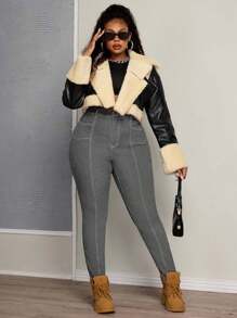EURMUSE Plus Size Elastic Jeans With Symmetrical Split Design, Skinny Fit - Grey - View 5