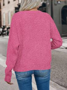 EMERY ROSE Casual Solid Color Drop Shoulder Loose Knit Sweater, Autumn/Winter Knit Pullover Fall - Hot Pink - View 2