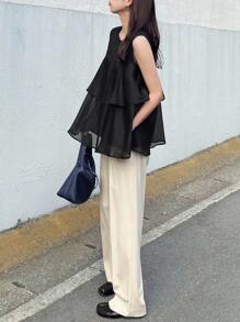 FRIFUL 女式黑色纯色圆领无袖休闲百搭T恤，带荷叶边 - 黑色 - 查看 9