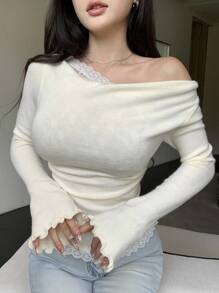 SHEIN LUNE Autumn/Winter Lace Patchwork Minimalist Flare Sleeve Knit Pullover Sweater For Women Knit Pullover Fall - Apricot - View 7