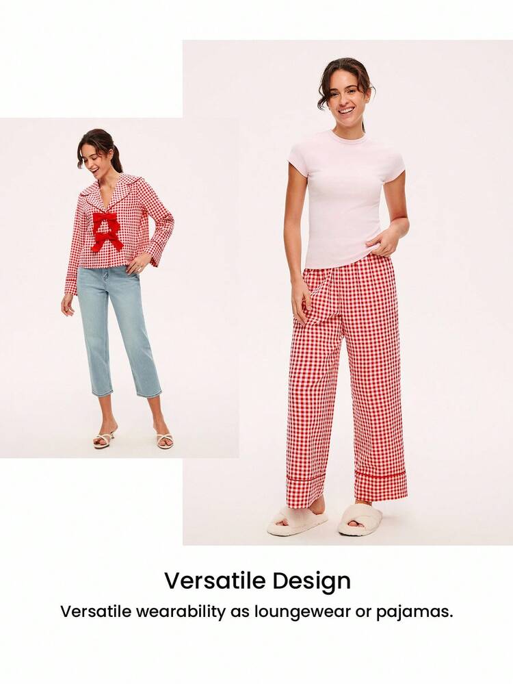 Women Red Bow Check Plaid Patterned Cotton Long Sleeve & Pants Pajama Set