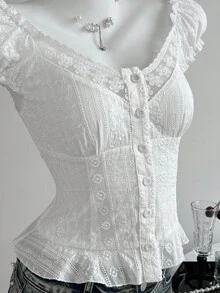 Elamini Casual Fashionable Versatile Lace Trim Fitted Women Shirt - White - View 5