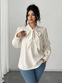 Elenzga Plus Size Solid Floral Bow Elegant Regular Fit Women Shirt, Autumn/Winter Fall Cloth For Women