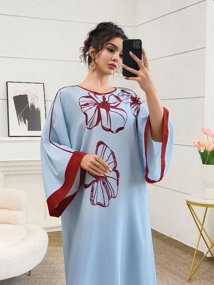 Al Najma 女式宽松撞色镶边圆领土耳其长裙，传统阿拉伯风格 - 藍色 - 查看 1