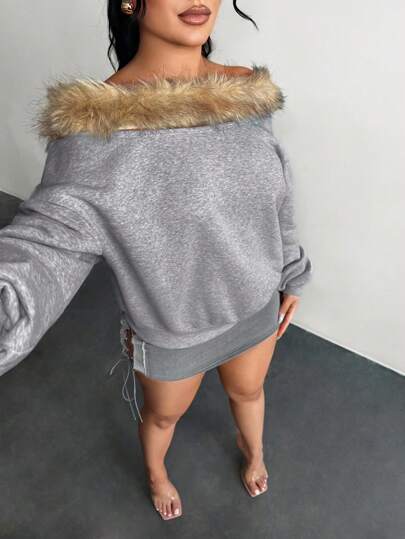 SHEIN SXY 女式露肩毛绒拼接长袖运动衫