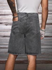 AXEPEAK 男士夏季时尚水钻装饰牛仔短裤，Emo 风格 - 灰色 - 查看 3