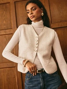 Poéselle كنزة صوفية صدرية محبوكة من الشوفان ذات أزرار أمامية - أساسي تجهيزي بسيط للطبقات، كنزة صوفية صدرية محبوكة للنساء، كنزة صوفية صدرية، طبقات كنزة صوفية صدرية، موضة خريفية محايدة، ملابس علوية أنماط تجهيزية، صوف بيج، خزانة ملابس بسيطة، مظهر كاجوال أنيق، كنزة صوفية صدرية محبوكة ذات لون أحادي وجيب معدني للنساء، خريف/شتاء، بسيطة وأنيقة، مناسبة للارتداء اليومي، الخروج، التنقل، المواعدة، المنزل وغيرها من المناسبات - بيج - مشاهدة 4