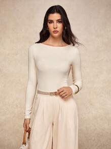 House of One Solid Rib Knit Drape Back Long Sleeves Backless Casual Bodysuits Women Summer Autumn Elegant Open Back Dress Low Back Dress Cowl Neck Dress Draped Back Open Back Bodysuit - Apricot - View 6