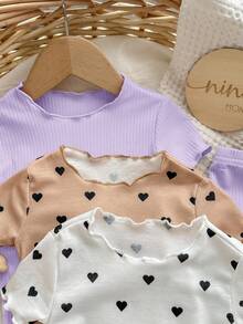 6pcs/Set Baby Girl Heart Pattern Ruffle Trim Round Neck Short Sleeve Pajama Set, Soft & Skin-Friendly - Multicolor - View 3