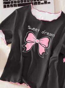 青少年女孩睡衣套装，黑色背景，粉色蝴蝶结上衣，全身蝴蝶印花裤，波浪撞色饰边，短袖和长裤休闲睡衣，返校时尚 - 黑色 - 查看 4