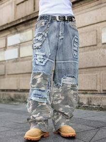 Manfinity Roghcode Casual Distressed Camouflage Patchwork Wide Leg Loose Fit Jeans, American Streetwear Style Baggy Ripped Jeans Men Camo Jeans Men Streetwear Jeans - Blue - View 7