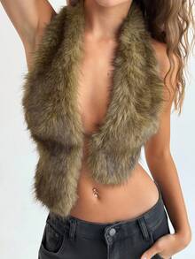 Aloruh Sexy Backless Deep V-Neck Faux Fur Trim Asymmetrical Hem Vest For Women, Suitable For Music Festival