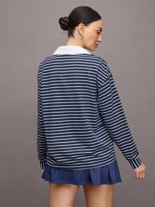 Activina 女式休闲条纹长袖运动 Polo 衫 - 藍色 - 查看 2