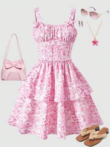 少女法式复古细肩带修身双荷叶边下摆连衣裙，适合度假、派对、春季、假日、夏季、旅行 - 彩色 - 查看 9