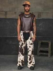 AXEPEAK 男士时尚街头风圆领无袖印花前片上衣 - 棕色 - 查看 5