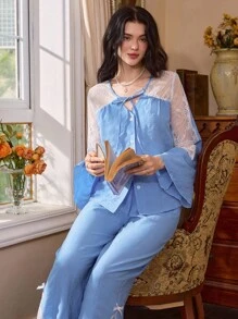 Côtesoire 2 件法式镂空蕾丝拼布荷叶边长袖上衣和裤子睡衣套装，秋季服装 - 藍色 - 查看 6