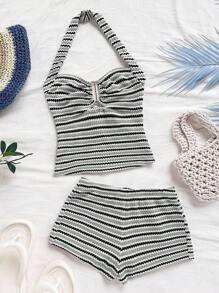 Soleia Women's Striped Ruffle Halter Top And Shorts 2 Pieces Set Striped Two Piece Set Halter Two Piece Women Striped Set - Multicolor - View 3