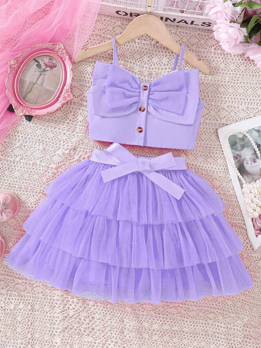 SHEIN Elladie kids Young Girl Elegant Cute Purple Camisole Top With Double-Layer Bow Decor & Elastic Waist; A-Line Multi-Layer Tulle Skirt With Satin Bowknot Waist, Spring/Summer Set - Purple - View 1