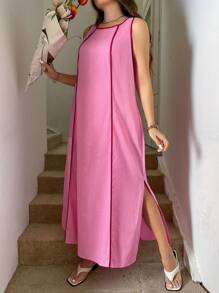 SHEIN LUNE Rochie de seară pentru femei, mărime plus, pentru întoarcerea la școală, rochie casual cu bretele, cusături contrastante, fără mâneci, lejeră, de toamnă, pentru femei, rochie de seară, cu imprimeu floral, stil business, casual, rochie lejeră, stil Old Money, rochie de nuntă pentru femei, rochie de seară, rochie de seară pentru femei, rochie de bal, rochie de bal, rochie de toamnă pentru femei, rochii elegante pentru petrecere, rochii de festival, potrivite pentru primăvară/toamnă, vacanță și întâlniri. - Roz fierbinte - Vizualizare 4