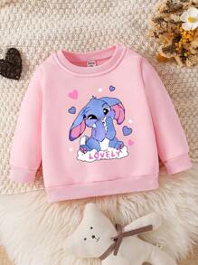 SHEIN Young Girl' Casual Creative Blue Rabbit Graphic Print Basic Round Neck Sweatshirt Fall Winter - Pink - View 4