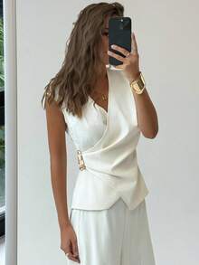 Aloruh Minimalist Commuter Outfit: Beige Metal Buckle Decor Office Lady Shirt + High-Waisted Wide Leg Mid-Calf Pants 2 Pieces Set For Women - Apricot - View 7