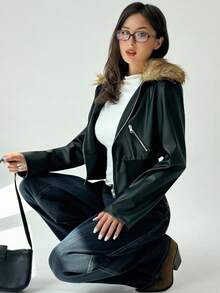 Aloruh Chaqueta de mujer con cuello de piel sintética, manga larga, cintura ceñida y parches de PU en estilo Y2K Baddie, para otoño/invierno - Negro - Ver 5
