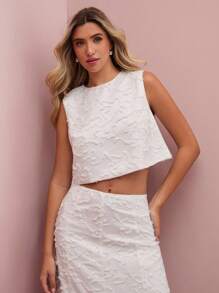 Enchnt Ensemble camisole et jupe texturée de couleur unie élégant pour l'été - Blanc - Voir 3