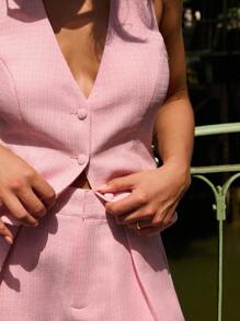 lacRébo Shorts de tweed rosa con pinzas delanteras, shorts de negocios casuales para salir, primavera verano - Rosa - Ver 8