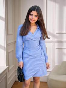 SHEIN Tween-Mädchen Lässiges Vintage Academy Hemdkleid mit blau-weiß gestreiftem Hemdkragen, Überzug, Rüschenwickel, asymmetrischem Saum und langen Ärmeln, für Ausflüge, Versammlungen, Partys und mehr - Blau - Übersicht 8
